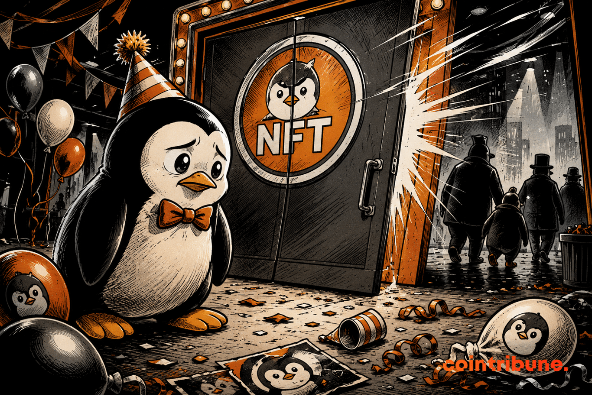 Pingouin attristé devant une fête abandonnée, observant les invités partir tandis qu'une porte se referme définitivement derrière eux.