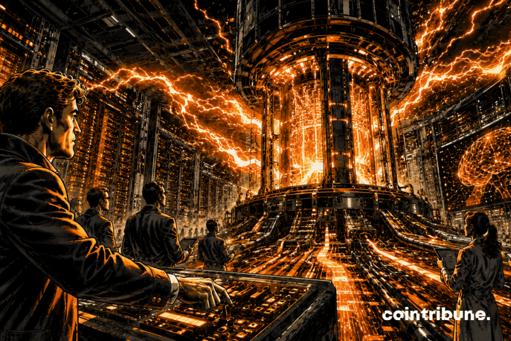 An AI engineer activates a massive technological reactor that powers a colossal network of Nvidia processors and data centers.