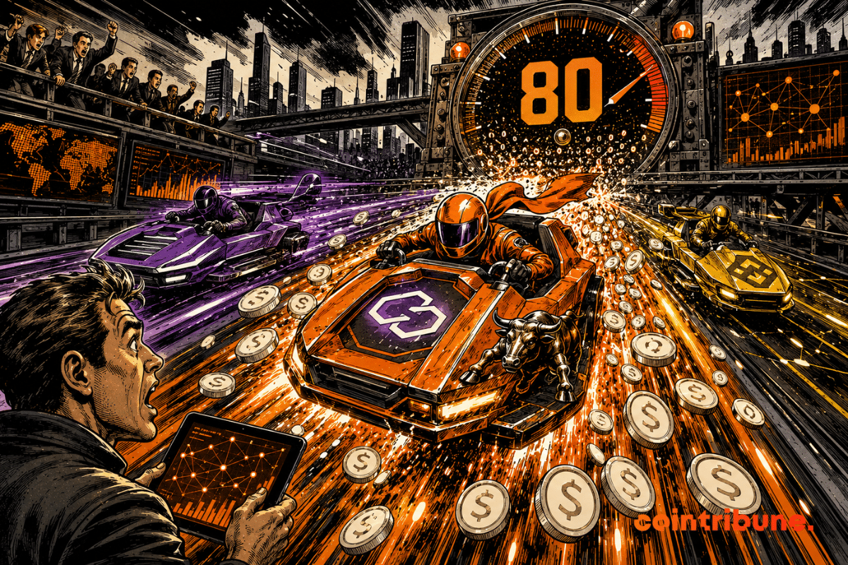 A crypto race shows Polygon leading two rival networks beneath a counter displaying 80.