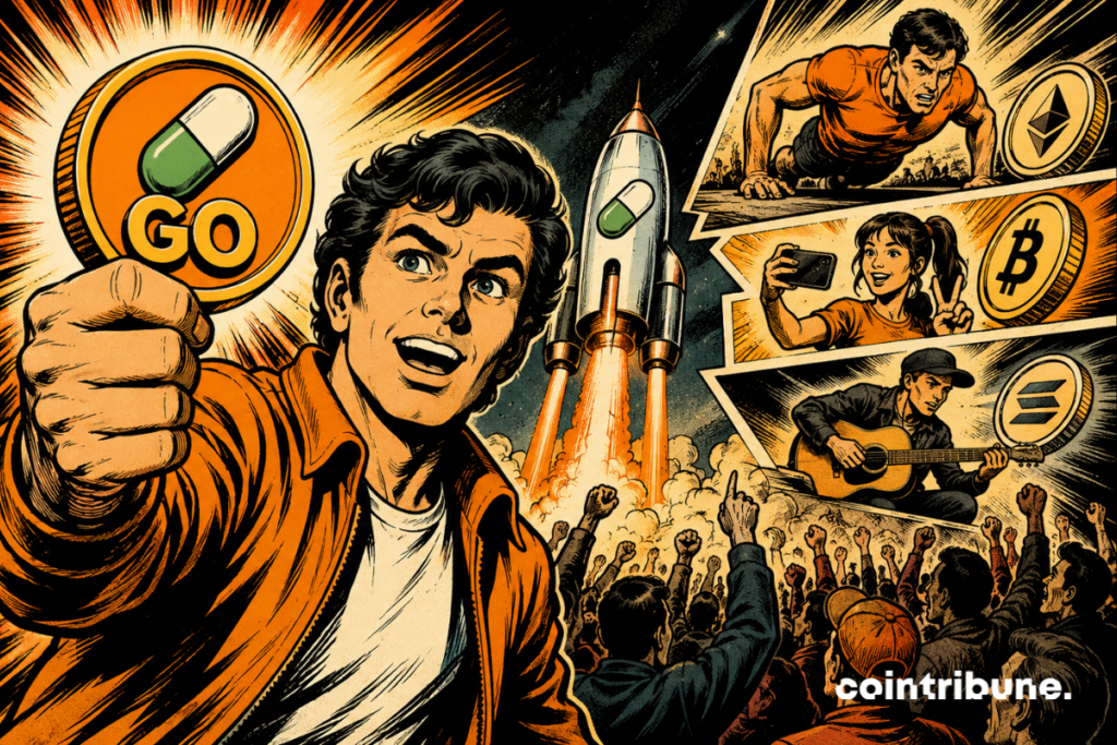 Comic-style illustration depicting the launch of Pump.fun’s GO platform, featuring a character holding a GO token in front of a rocket launch. Several scenes showcase paid challenges and cryptocurrency-related symbols, with a crowd gathered in the background.