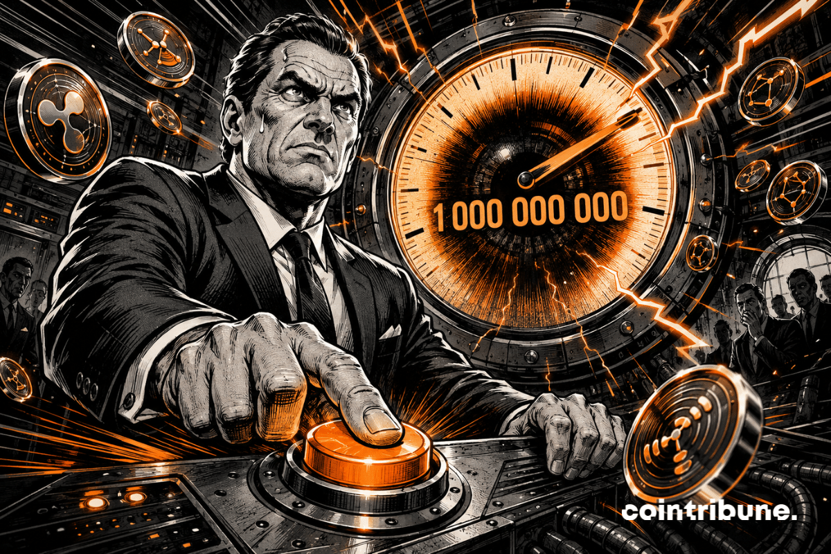 Un dirigeant appuie sur un bouton orange face à une jauge affichant 1 milliard, tandis que des jetons crypto jaillissent sous tension.