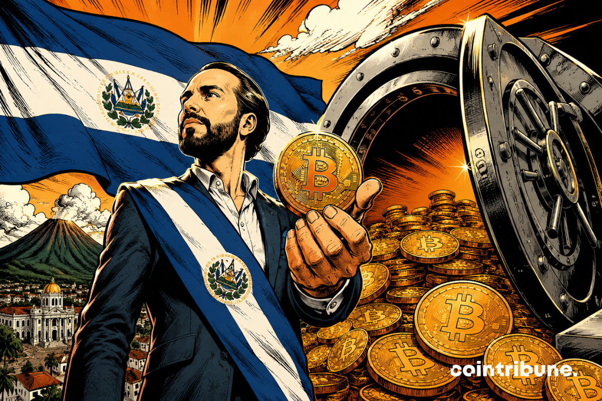 Illustration du Salvador renforçant ses réserves de Bitcoin avec une représentation du trésor national en cryptomonnaie.