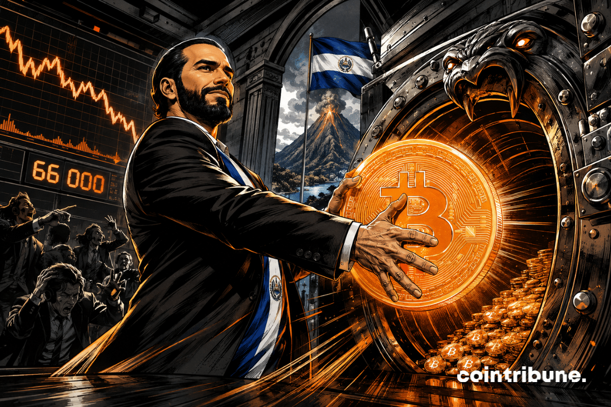 Illustration style comics montrant un dirigeant salvadorien poussant un grand Bitcoin lumineux dans un coffre, avec un graphique en baisse à 66 000 en arrière-plan.
