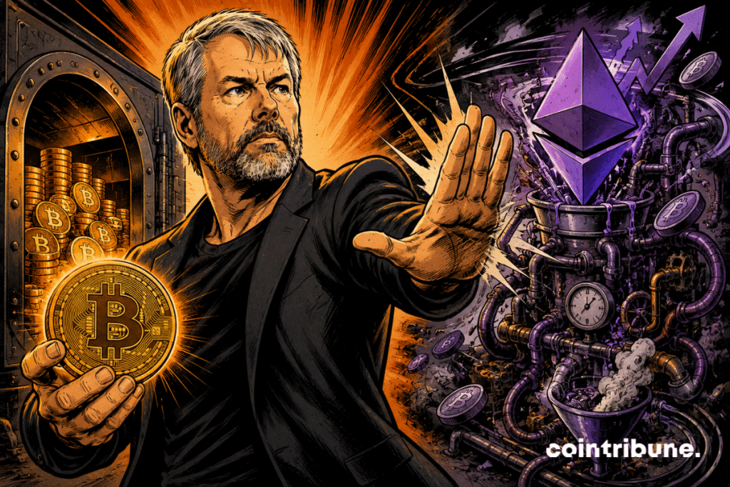 Michael Saylor tient un bitcoin lumineux et repousse une machine symbolisant le rendement d’Ethereum.