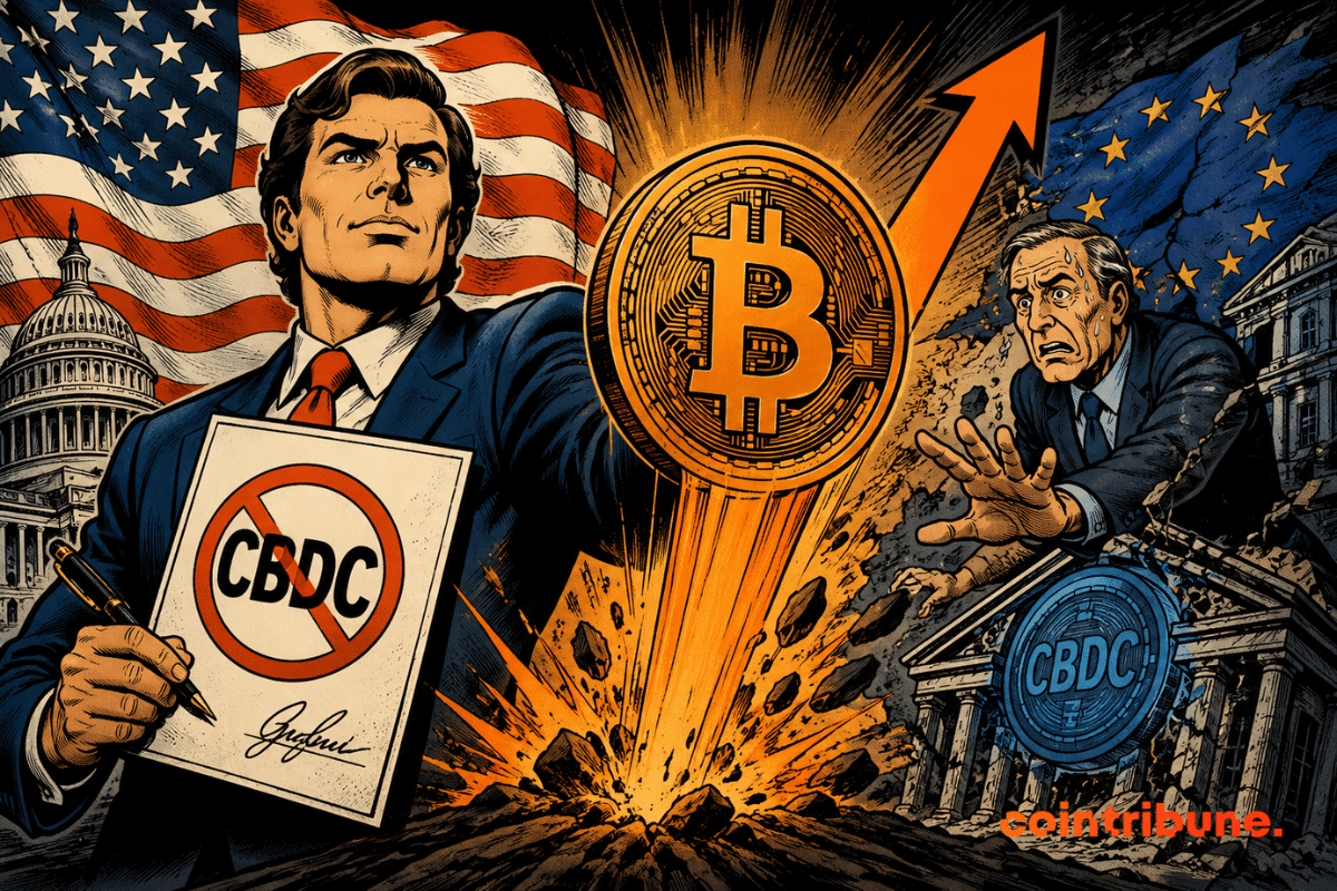 Illustration depicting the opposing approaches of the United States and Europe toward central bank digital currencies (CBDCs). On the left, a U.S. leader signs a document banning CBDCs in front of the Capitol and an American flag. At the center, a rising Bitcoin symbolizes the growing strength of decentralized assets. On the right, a European official struggles in front of a European institutional building, illustrating Europe's support for the digital euro.