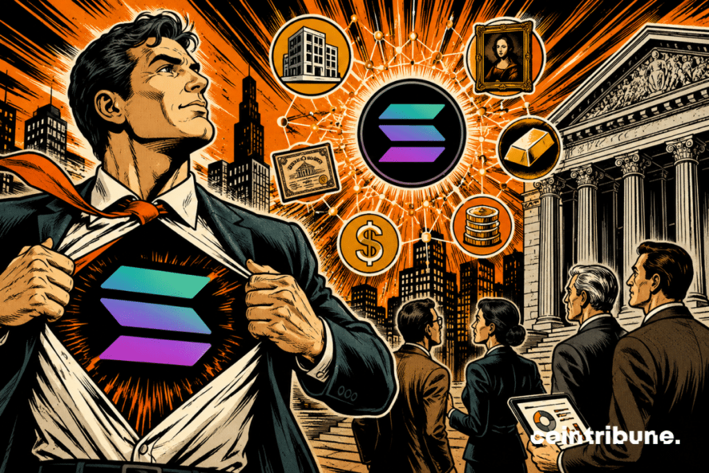 Illustration de Solana au centre de la tokenisation des actifs, avec une représentation de la finance traditionnelle, des marchés immobiliers et des actifs numériques sur une blockchain.