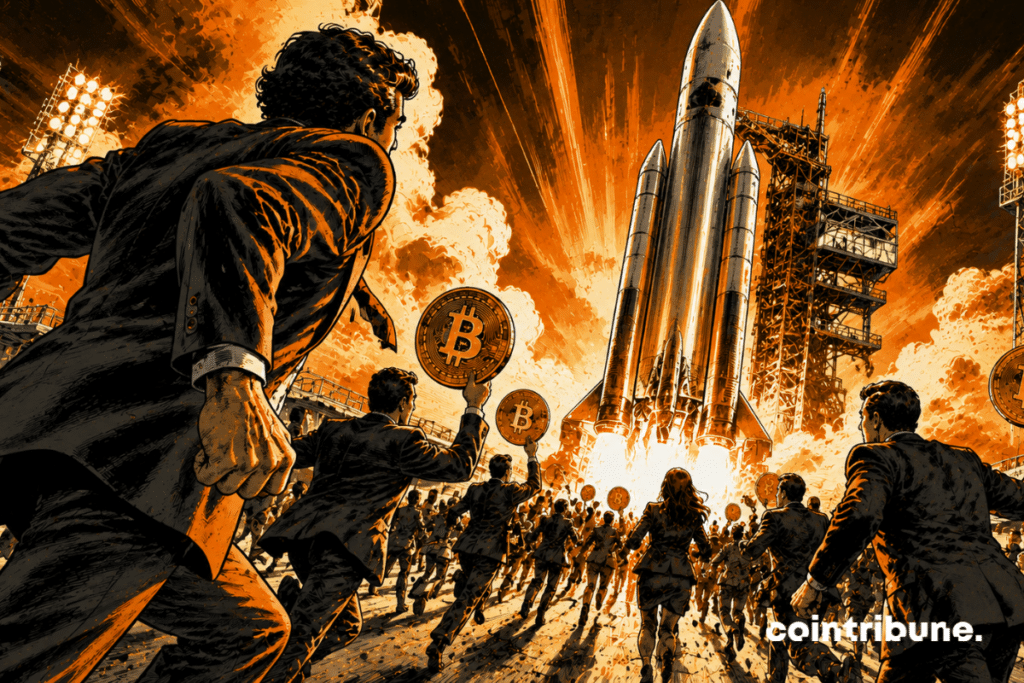 A monumental SpaceX rocket ready for launch draws a massive crowd of investors.