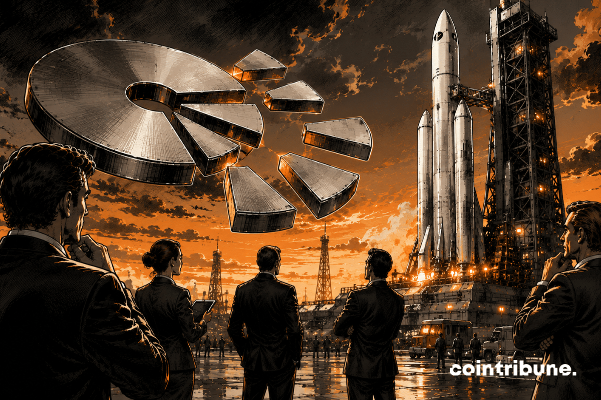 In front of a massive SpaceX rocket, investors observe a circular financial model breaking into multiple sections, symbolizing share dilution.