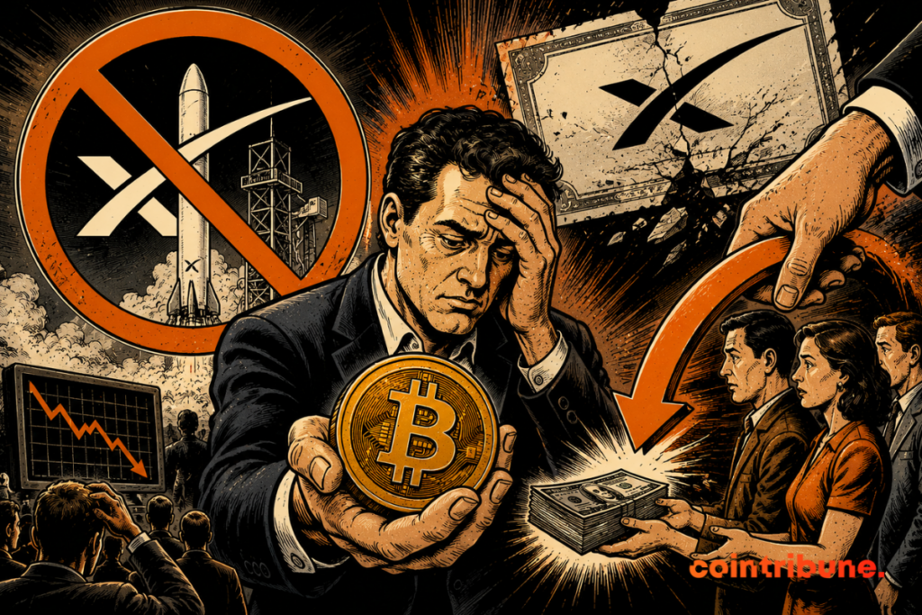 Illustration showing a crypto market crisis, where an investor holds a symbolic crypto coin while SpaceX-related elements collapse, reflecting the failure of a crypto token operation linked to SpaceX and investor refunds.