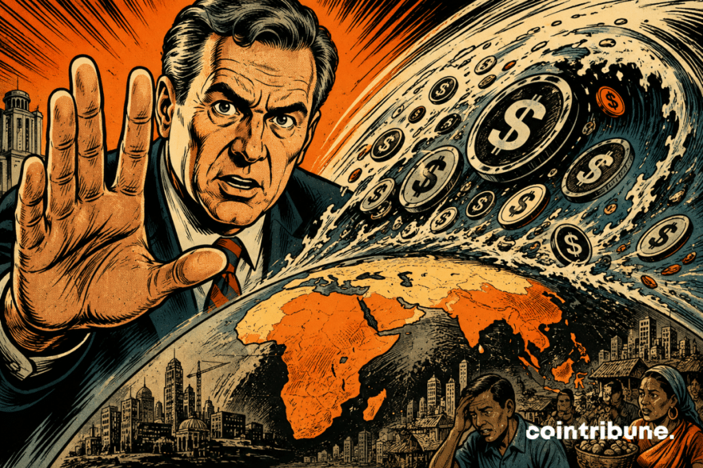 Ilustración de la BRI alertando sobre las Stablecoins y el riesgo de dolarización de las economías emergentes ante la expansión del dólar digital.