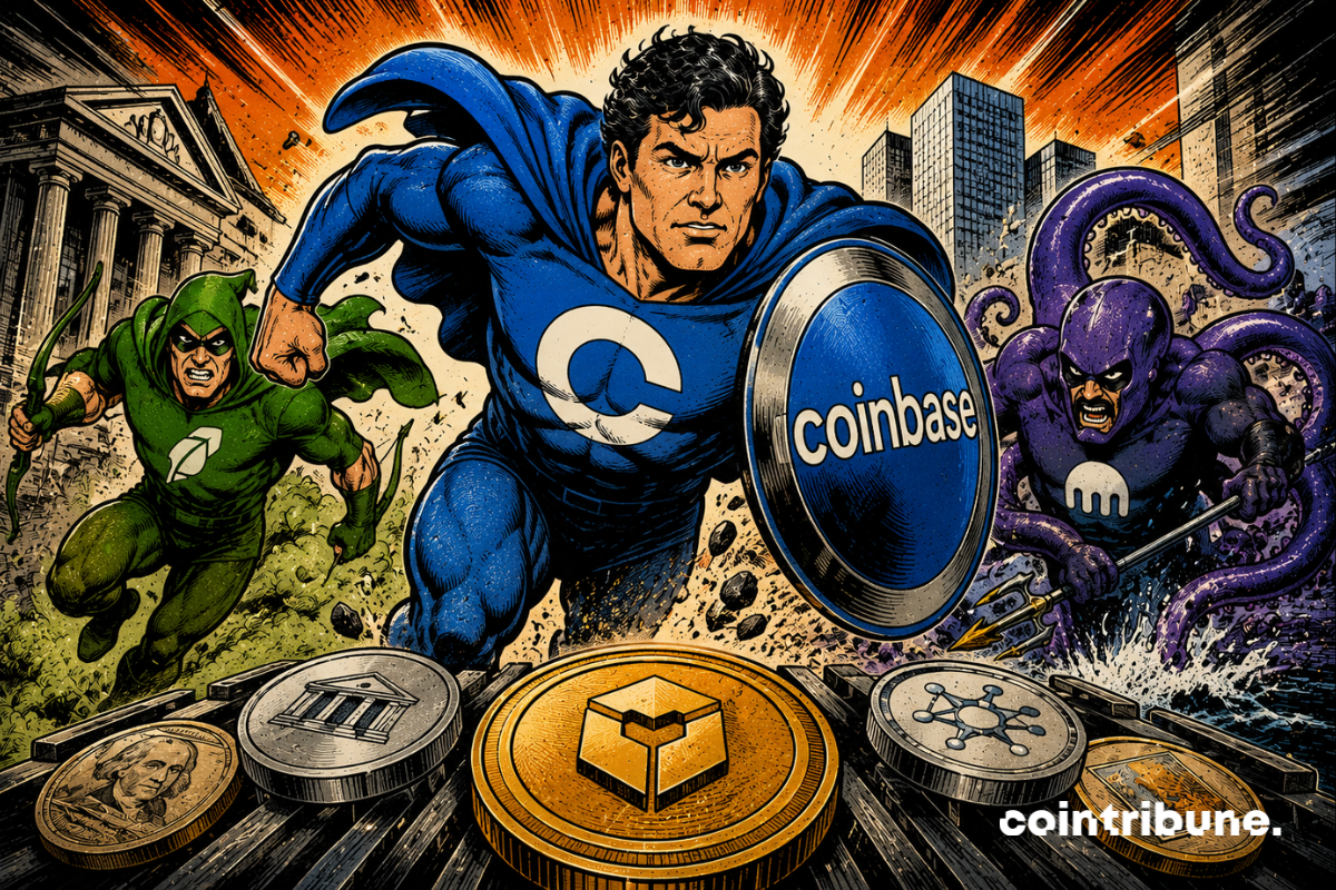 Illustration représentant Coinbase sous la forme d’un super-héros portant un bouclier, avançant face à deux concurrents symbolisant Robinhood et Kraken, dans un contexte de compétition autour de la tokenisation des actions sur blockchain.