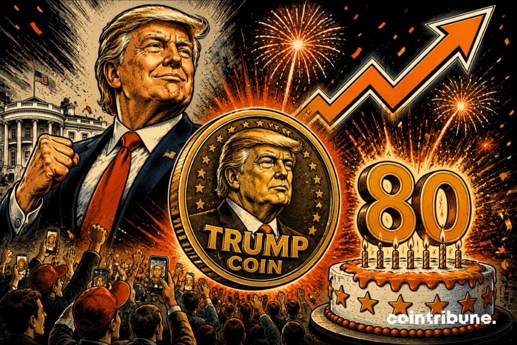 Stylized illustration of Donald Trump associated with a “TRUMP COIN”, showing a strong upward trend with a rising arrow, fireworks, and a birthday cake, symbolizing a speculative crypto surge. Stylized illustration of Donald Trump associated with a “TRUMP COIN”, showing a strong upward trend with a rising arrow, fireworks, and a birthday cake, symbolizing a speculative crypto surge.