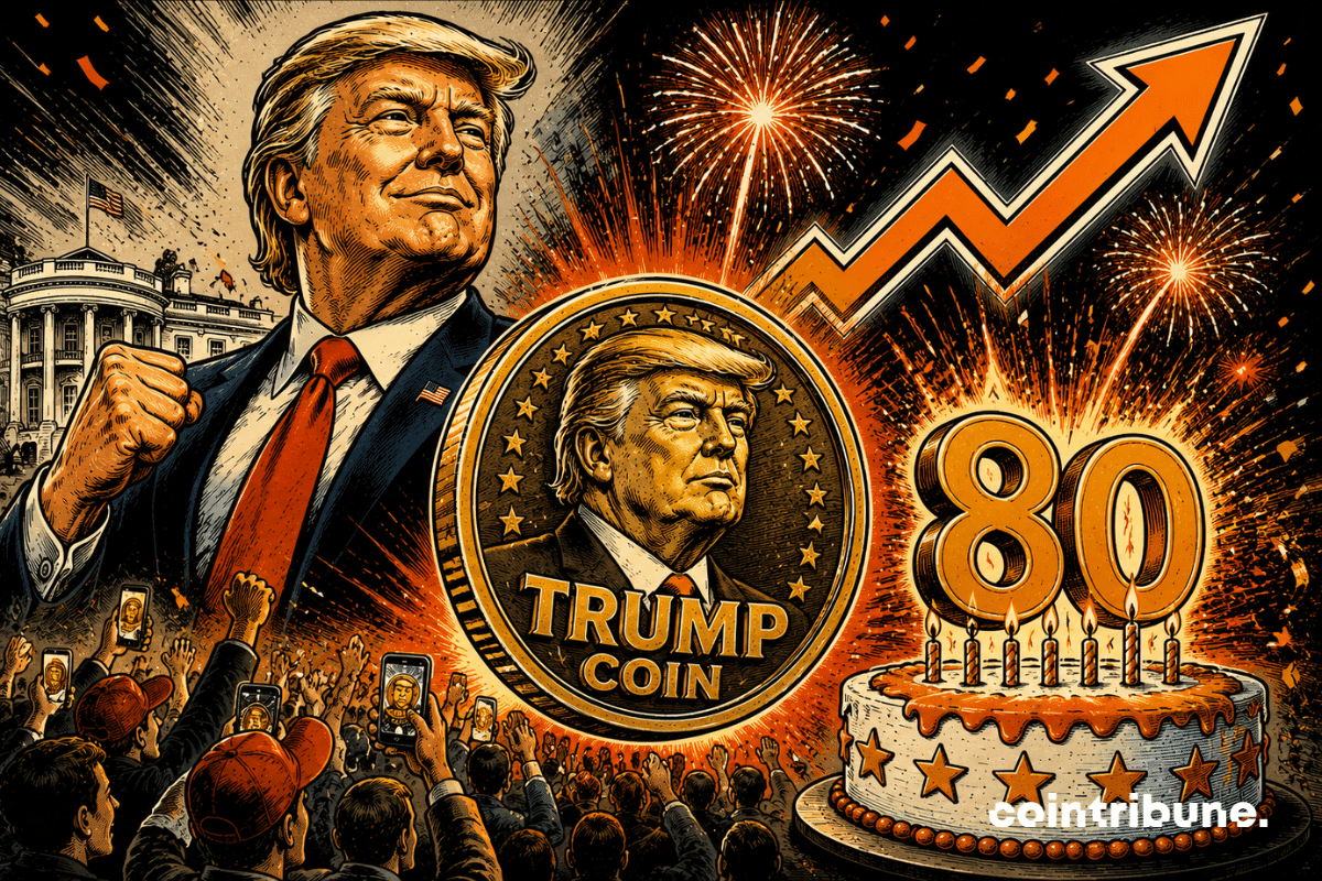 Stylized illustration of Donald Trump associated with a “TRUMP COIN”, showing a strong upward trend with a rising arrow, fireworks, and a birthday cake, symbolizing a speculative crypto surge. Stylized illustration of Donald Trump associated with a “TRUMP COIN”, showing a strong upward trend with a rising arrow, fireworks, and a birthday cake, symbolizing a speculative crypto surge.