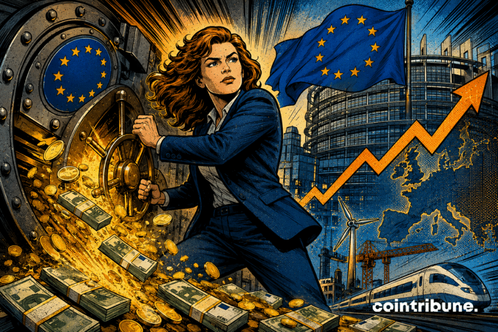An EU official opens a bank vault, releasing funds intended to finance the economy.