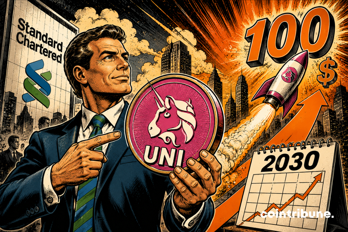 Illustration depicting Standard Chartered's forecast for UNI, the Uniswap token, with a potential target of $100 by 2030, represented by a rocket, a bullish chart, and the Uniswap logo.