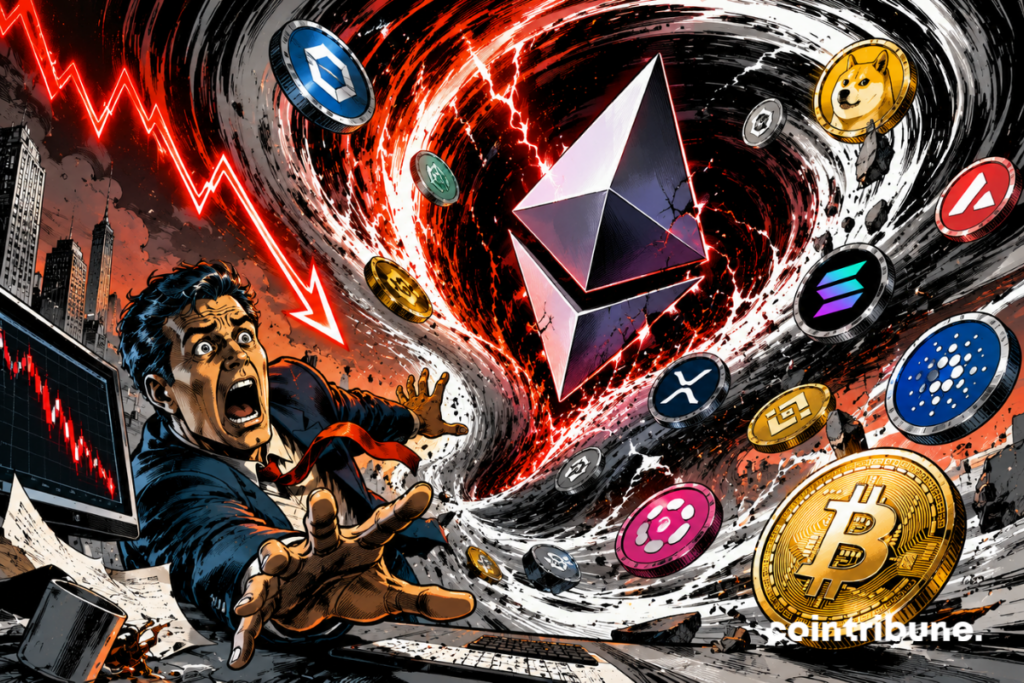 Un trader terrifié assiste à l’effondrement du marché tandis qu’un vortex Ethereum aspire les altcoins dans une spirale destructrice.
