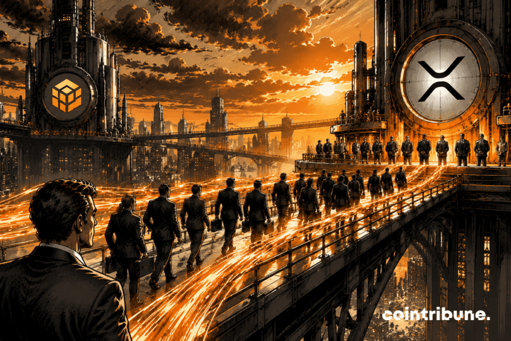 Un immense pont relie plusieurs centres financiers. Une foule d'investisseurs institutionnels continue de traverser vers une plateforme importante malgré une autre structure plus élevée à l'horizon, ce qui symbolise le recul du XRP face au BNB.