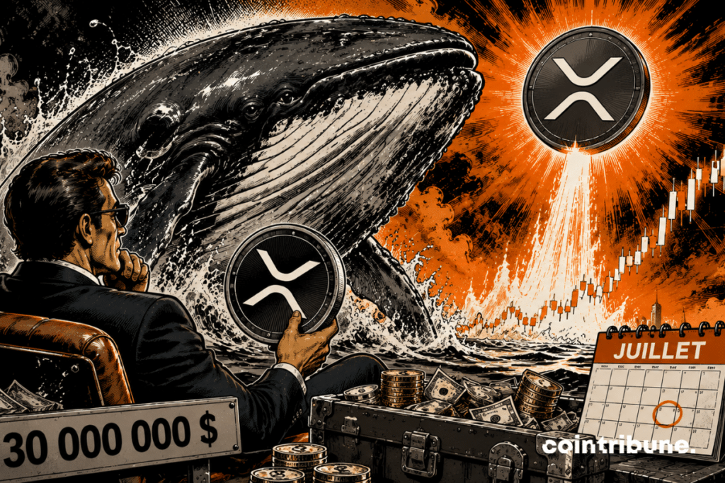 Un investisseur crypto observe une baleine qui essaye d’avaler une pièce XRP.