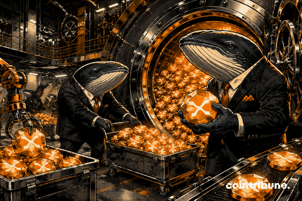 À l’intérieur d'une réserve futuriste des baleines empilent des cristaux XRP géants. Un coffre colossal déborde de réserves.