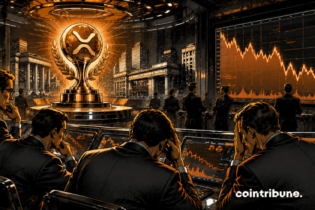 An enormous technological or institutional trophy shines at the center. In the foreground, several investors are instead focused on a weakened financial structure. Their attention is drawn to the weakness of the XRP market rather than to the achievement.