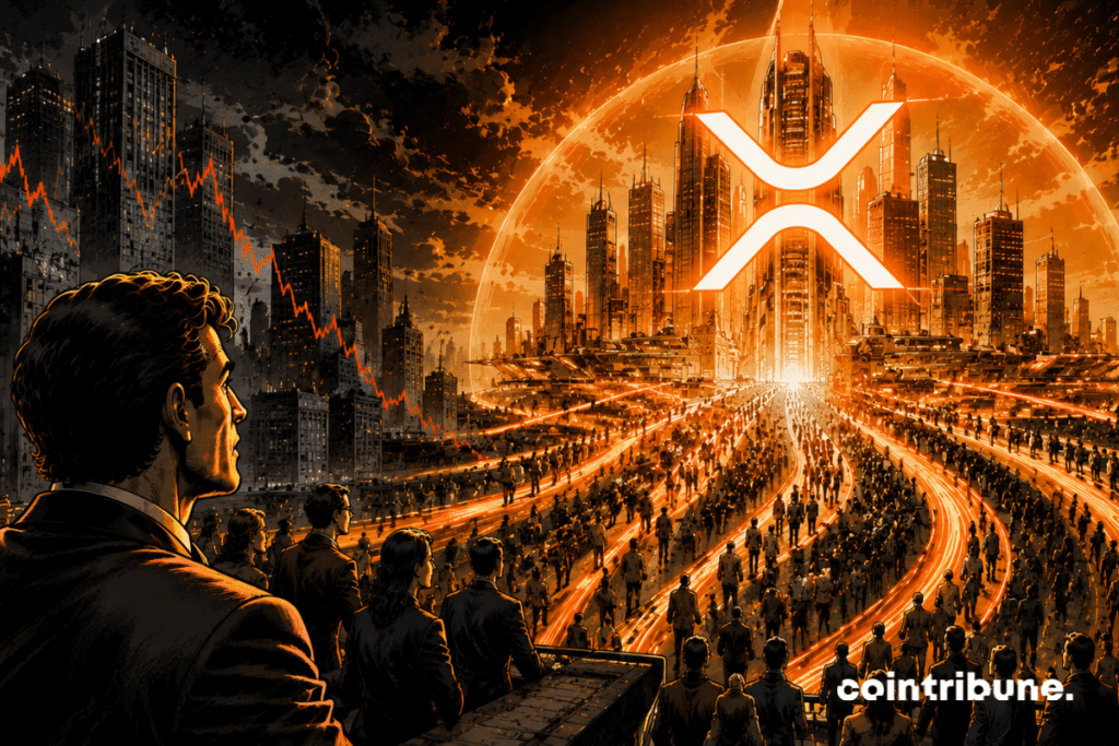 Un investisseur observe un mouvement massif. Une cité futuriste XRP rayonnante attire une immense foule d’investisseurs crypto tandis que d’autres villes financières restent plongées dans l’ombre.