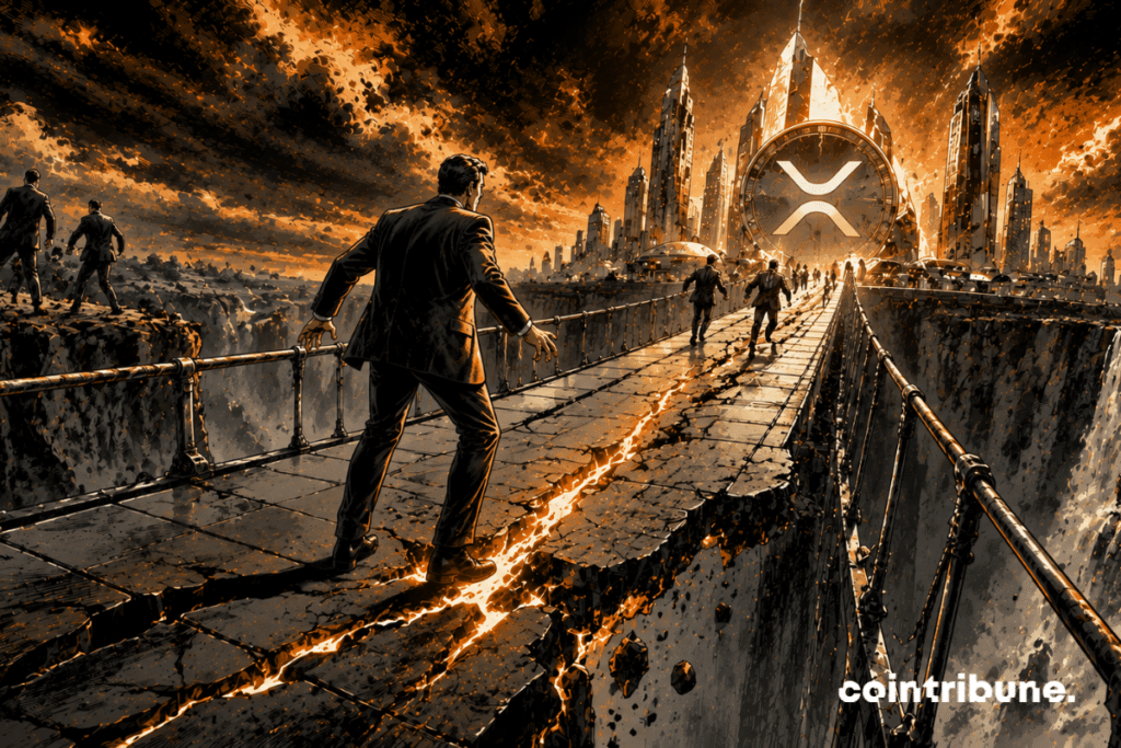 Un gigantesque pont menant à une cité XRP futuriste commence à se fissurer.