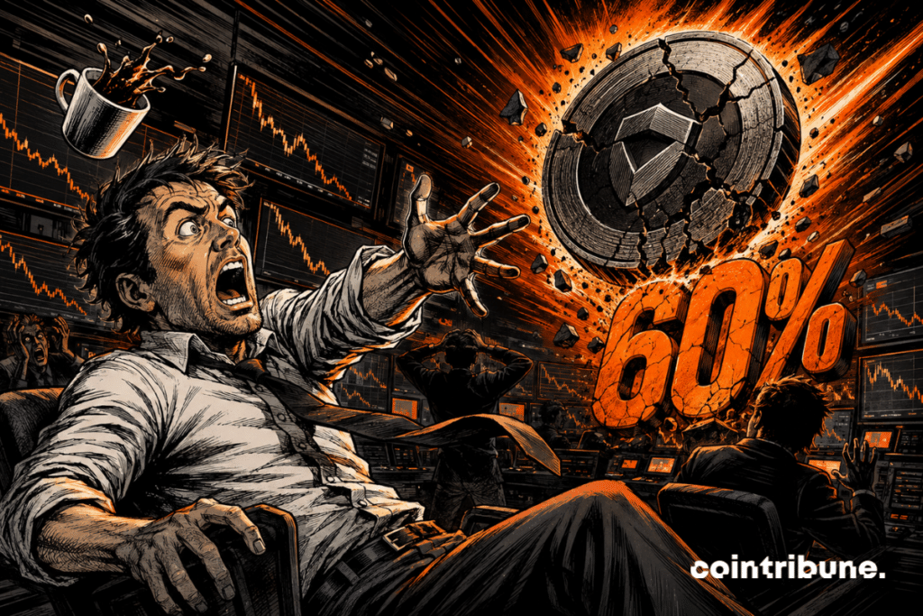 Comic-style illustration of a panicked trader facing a cracked crypto coin and the number 60%.