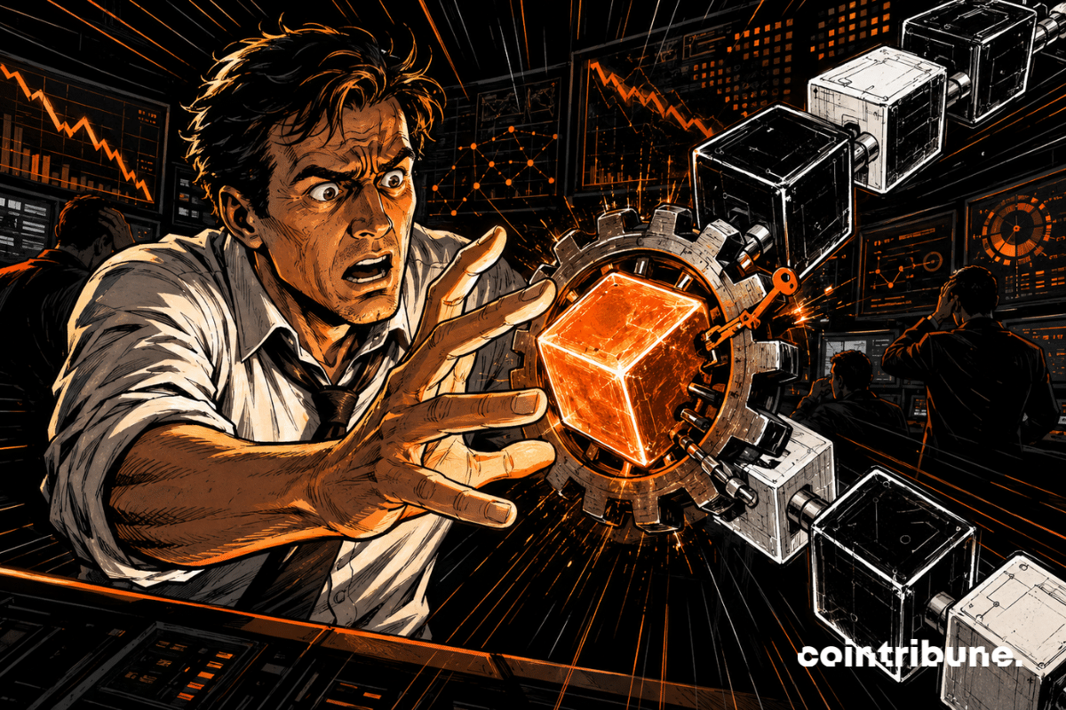 Comics-style illustration of a worried crypto analyst facing a blockchain blocked by a glowing orange cube.