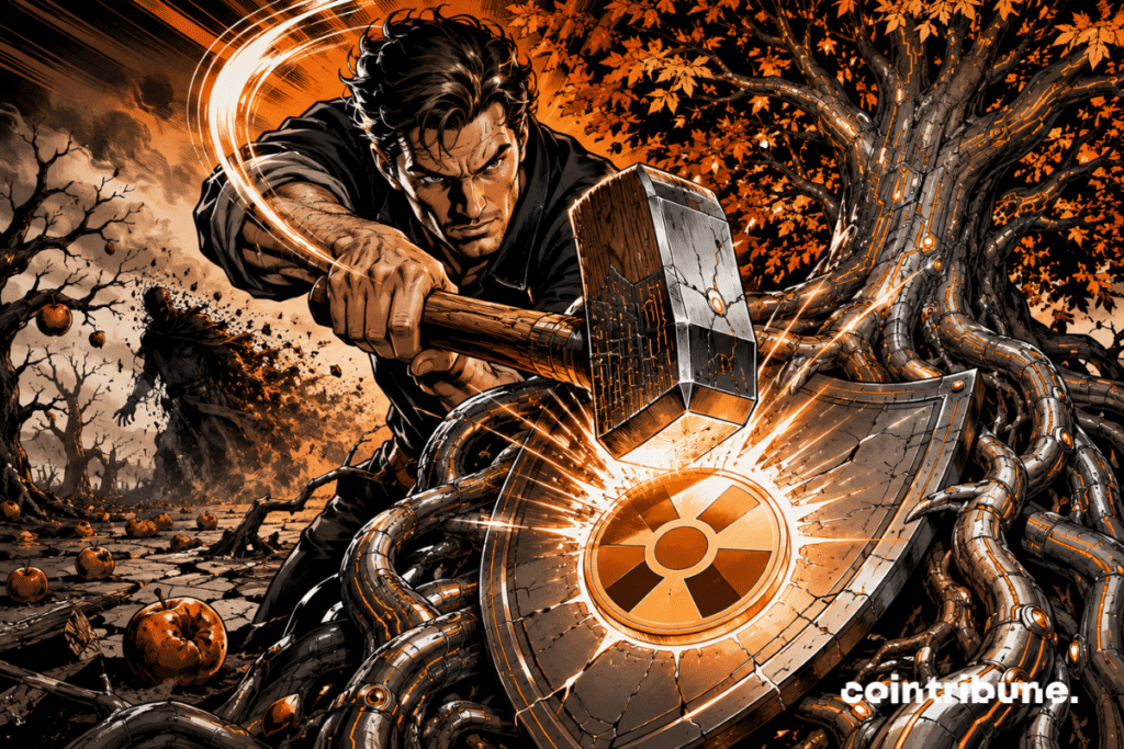 Un développeur Zcash -forgeron frappe un bouclier crypto fissuré dans un verger sombre, entouré de racines métalliques orange.