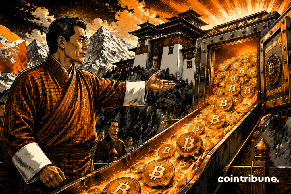 Responsable bhoutanais supervise la sortie massive de bitcoins d’un coffre souverain, sur fond de montagnes himalayennes majestueuses.