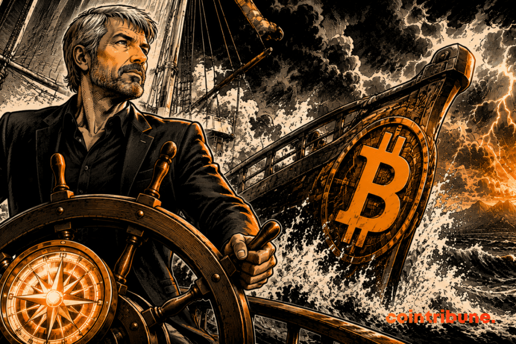 Capitaine déterminé maintient son cap malgré la tempête, guidant un navire porté par Bitcoin vers un horizon plus lumineux.