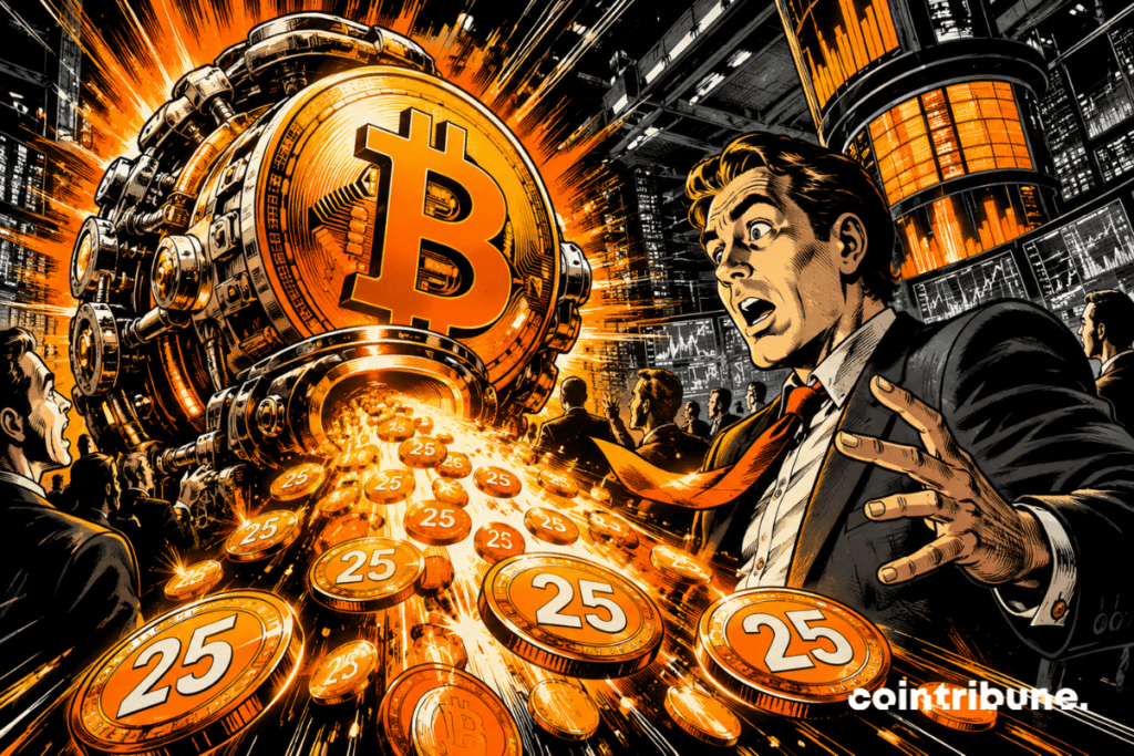 Giant Bitcoin driving gains as a Nasdaq investor looks on in astonishment