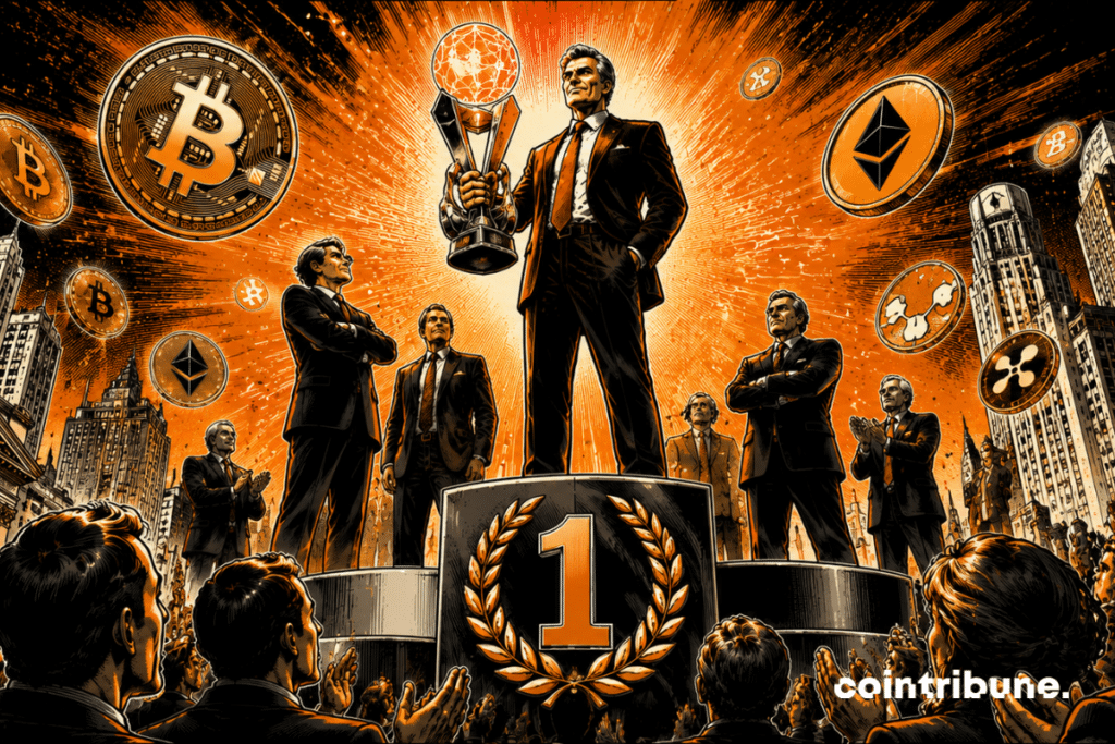 An executive takes center stage on a prestigious podium surrounded by major players in the crypto industry, symbolizing the sector’s institutional recognition.