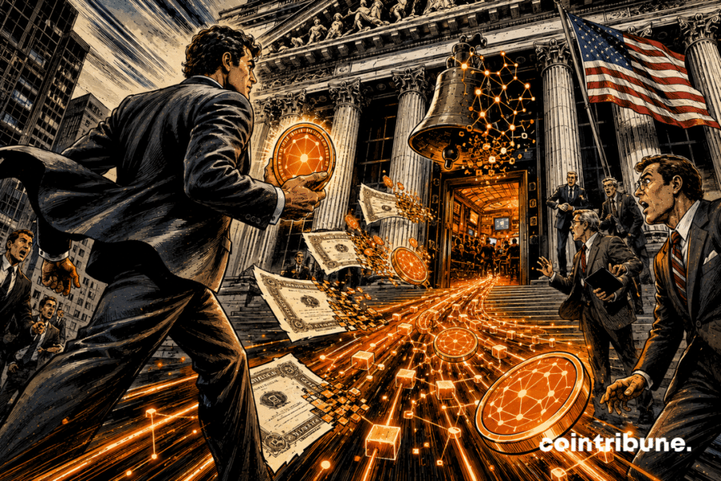 Un entrepreneur apporte un jeton numérique lumineux vers la Bourse de New York, tandis que des titres papier se transforment en actifs tokenisés.
