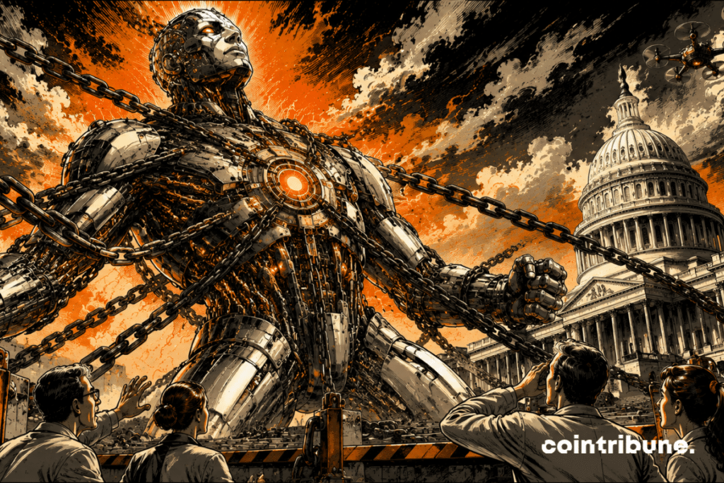 A giant, chained-up AI from Anthropic battles government restrictions, symbolizing innovation stifled by U.S. regulations.