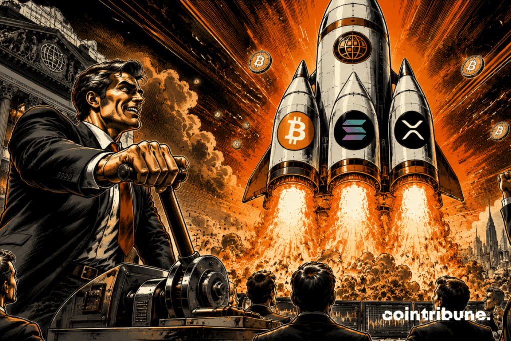 A CME crypto rocket fueled by Bitcoin, Solana, and XRP takes off to cheers, symbolizing growing institutional adoption.