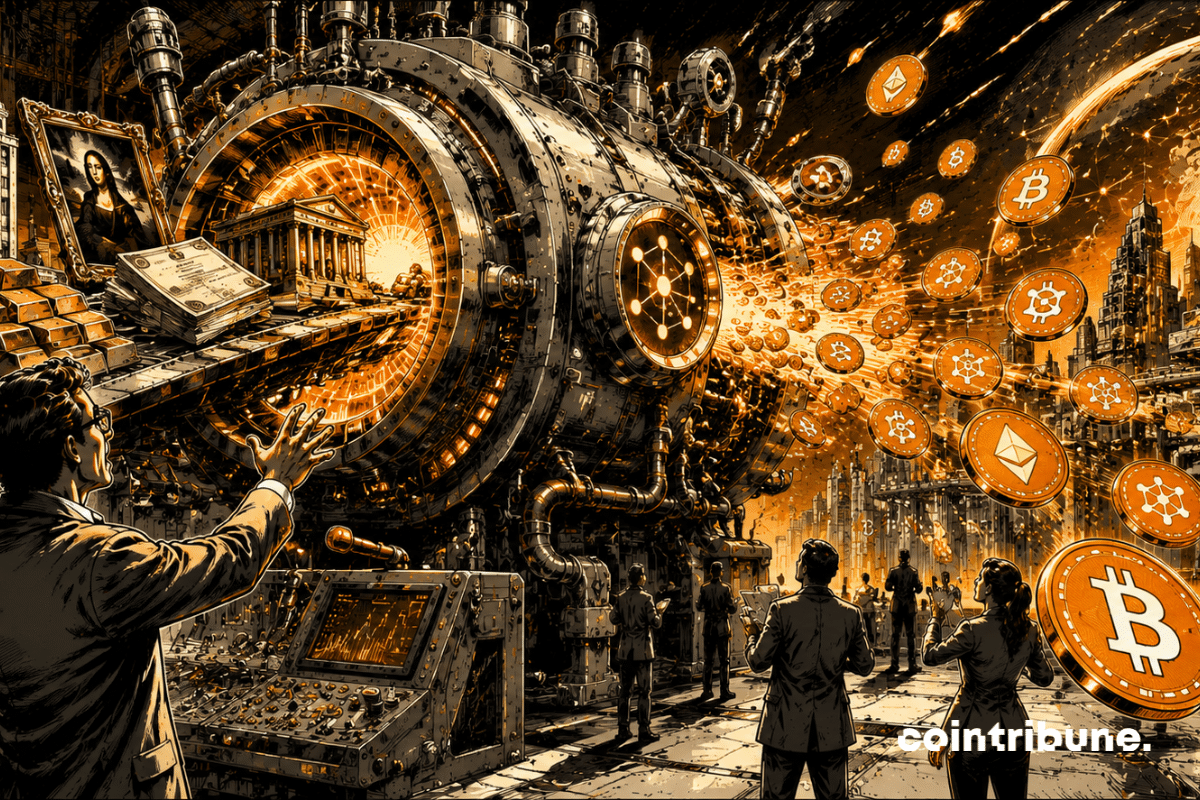 Une machine DeFi transforme des actifs traditionnels en jetons numériques de tokenisation, illustrant l’essor spectaculaire attendu de la finance décentralisée.