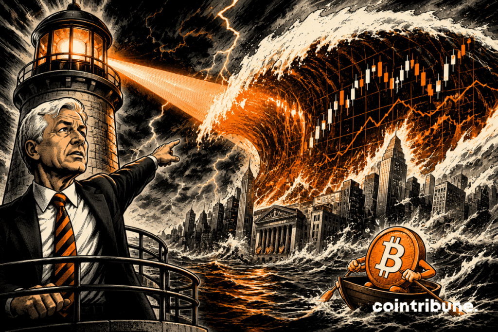 Jamie Dimon alerte depuis un phare financier tandis qu’un tsunami boursier menace Wall Street, laissant Bitcoin lutter derrière.