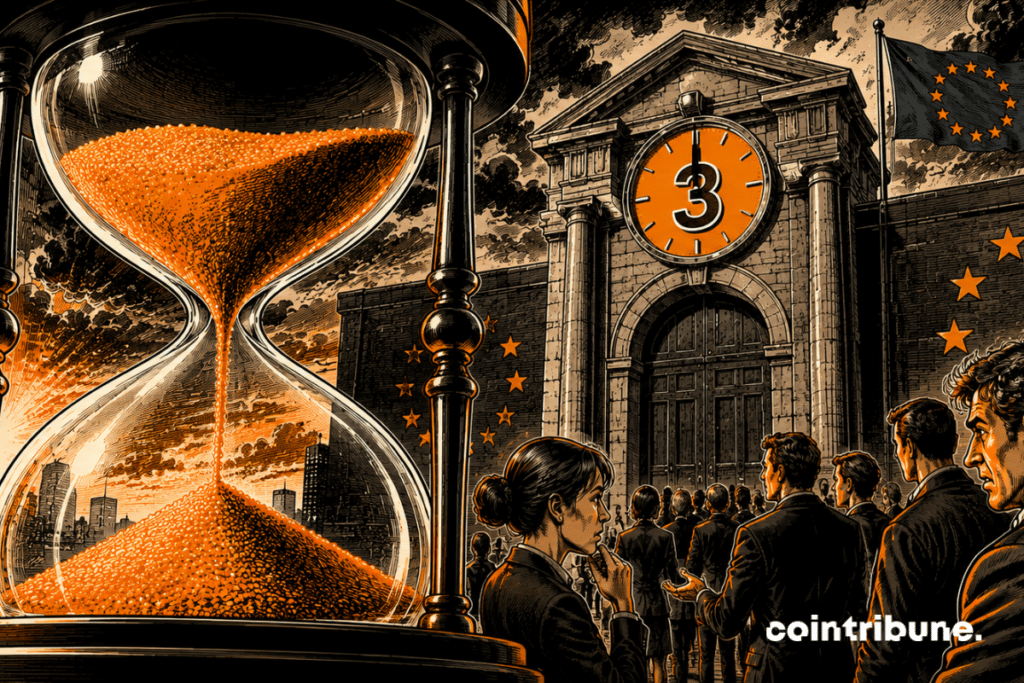 Un immense sablier symbolise l'urgence réglementaire, tandis que des entreprises crypto attendent devant une porte européenne encore inaccessible.