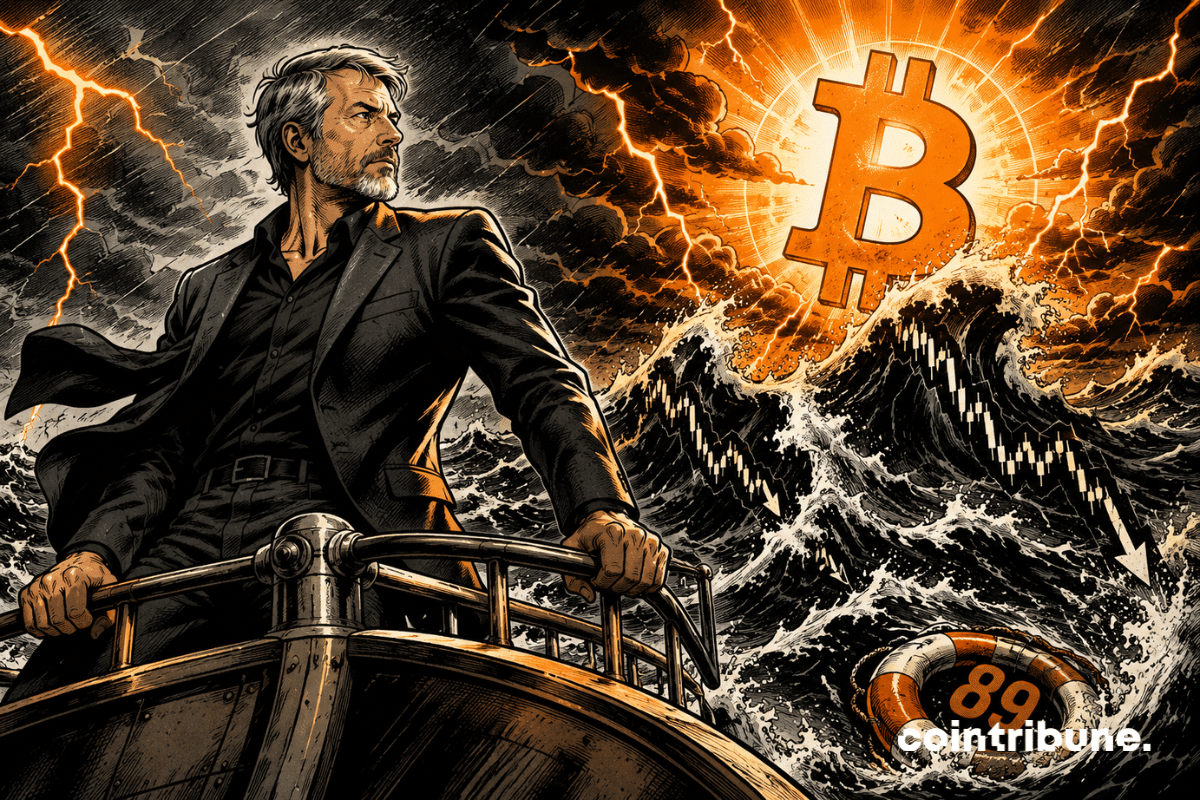 Saylor faces a financial storm, guided by a giant glowing Bitcoin