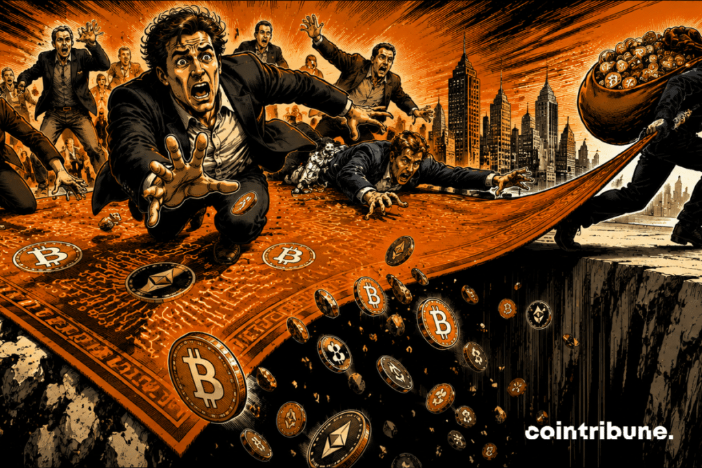 Panicked investors take a nosedive when a scammer suddenly pulls the rug out from under them, illustrating the pervasive threat of crypto rug pulls.