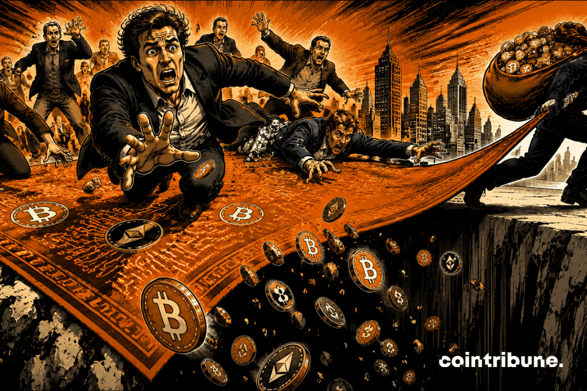 Panicked investors take a nosedive when a scammer suddenly pulls the rug out from under them, illustrating the pervasive threat of crypto rug pulls.