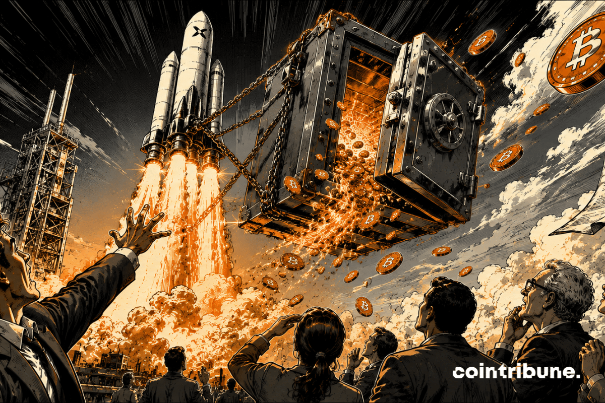 Des créanciers de FTX observent une fusée de SpaceX emportant un coffre rempli de richesse potentielle, symbole d’espoir et d’incertitude financière.