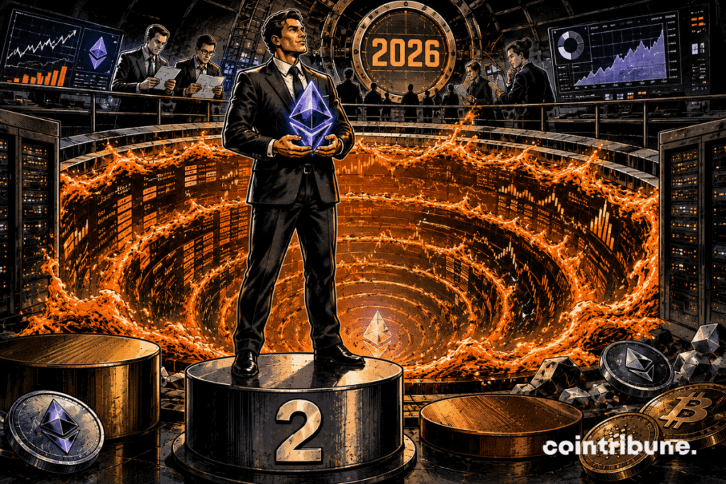 A trader stands on a podium marked 2, holding a glowing ETHEREUM crystal above a deep orange liquidity vortex, with 2026 in the background.