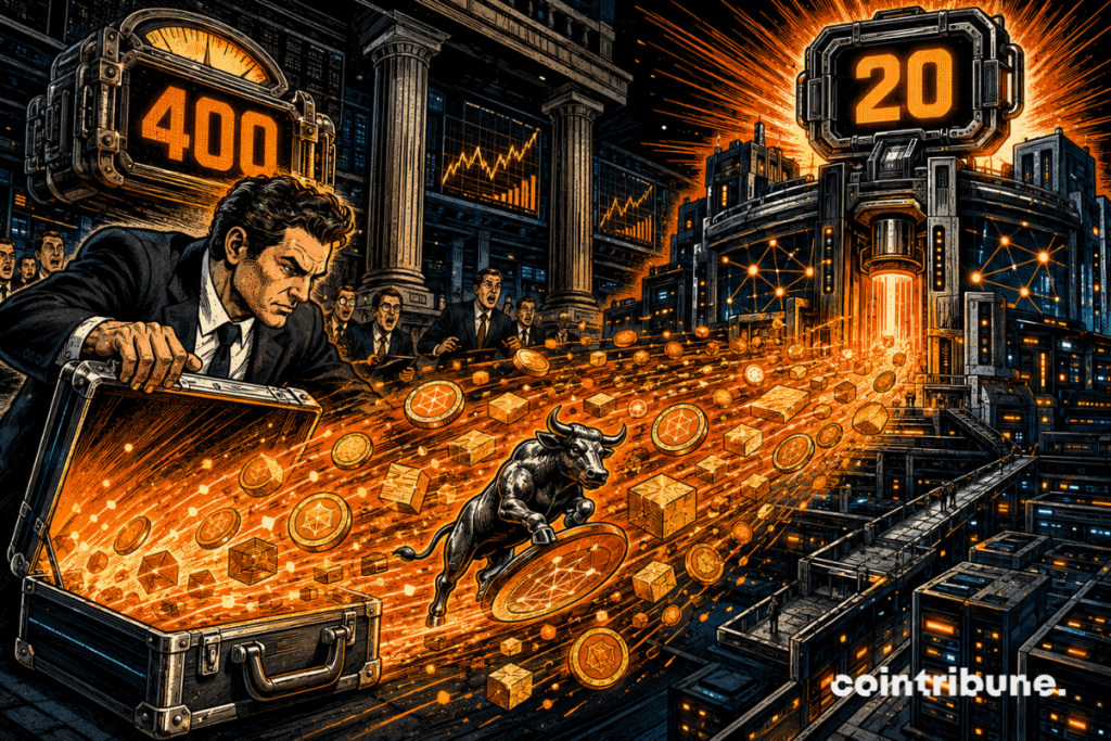 An institutional briefcase unleashes a torrent of crypto capital toward a digital platform, between two counters displaying 400 and 20.