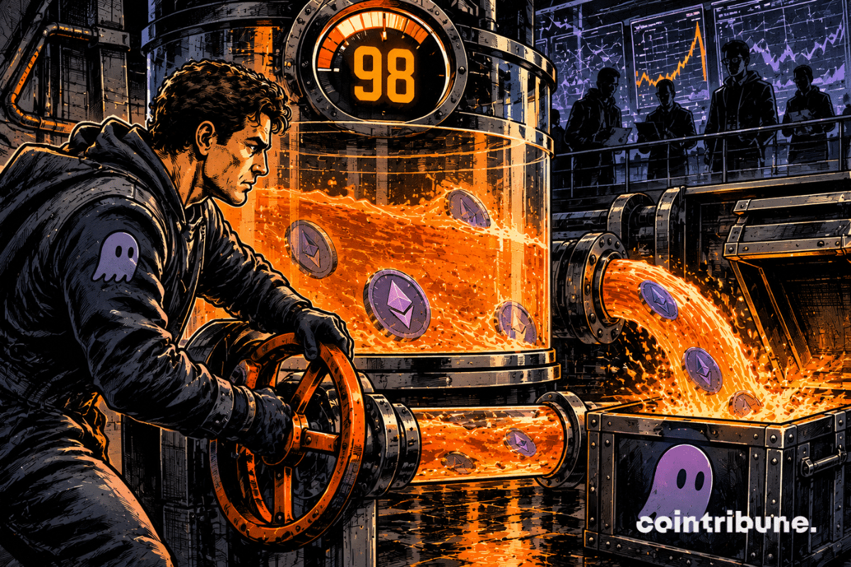 A DeFi operator opens a valve that drains an orange liquidity tank into a vault, beneath a gauge displaying 98.