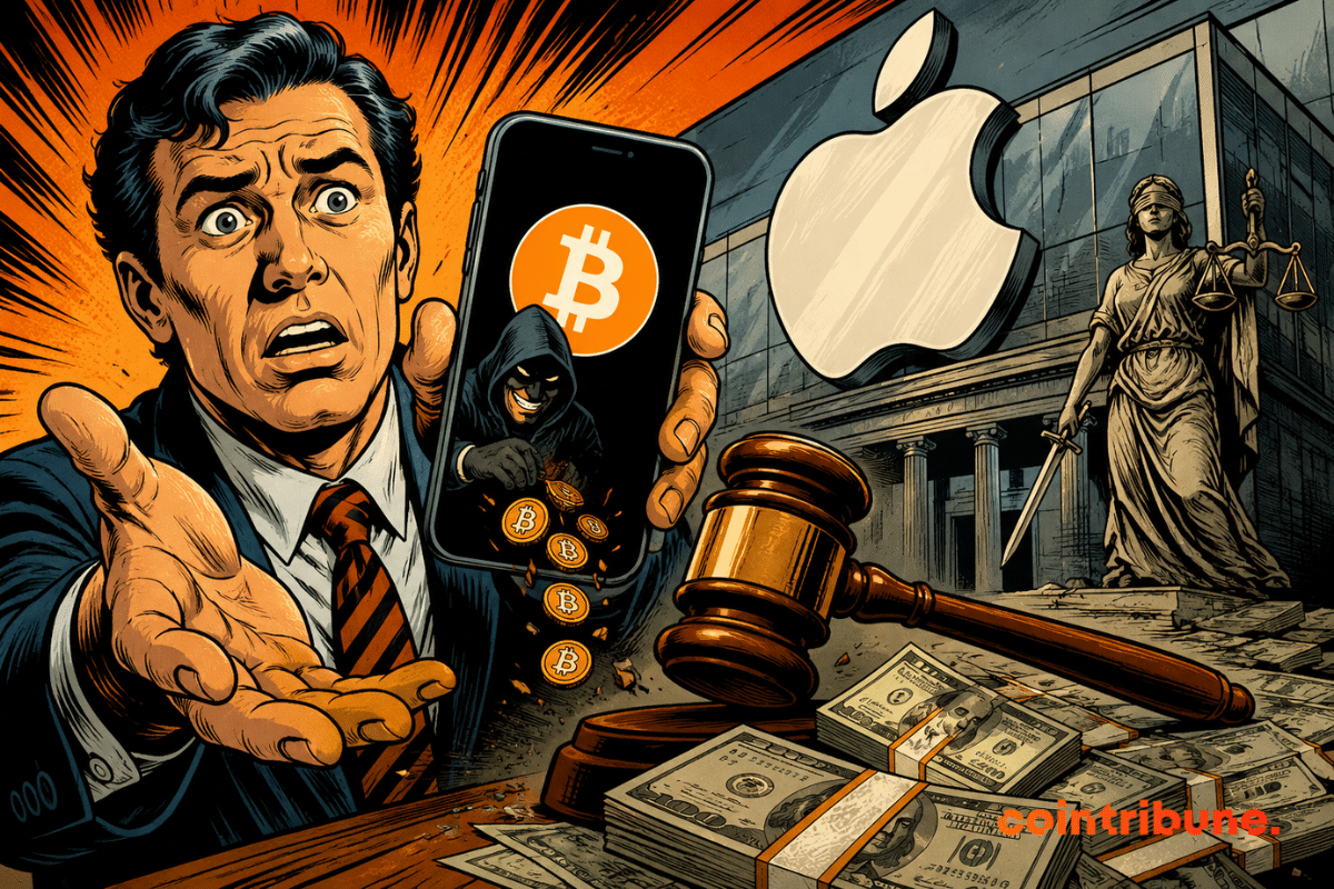 Illustration of a shocked user holding an iPhone displaying the Bitcoin logo, alongside the Apple logo, a judge's gavel and cash, symbolizing the lawsuit against Apple over a fake Sparrow Wallet app scam.
