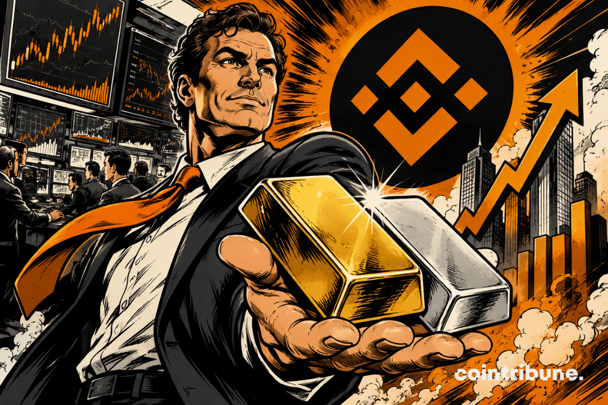 Illustration représentant Binance lançant des options sur l'or et l'argent, avec des lingots, des graphiques boursiers et une hausse des marchés financiers.