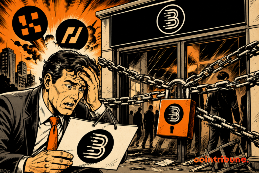 Illustration représentant la fermeture de BitMart après BitMEX et Bit.com, avec un exchange verrouillé et un investisseur inquiet face à la vague de fermetures des plateformes crypto.