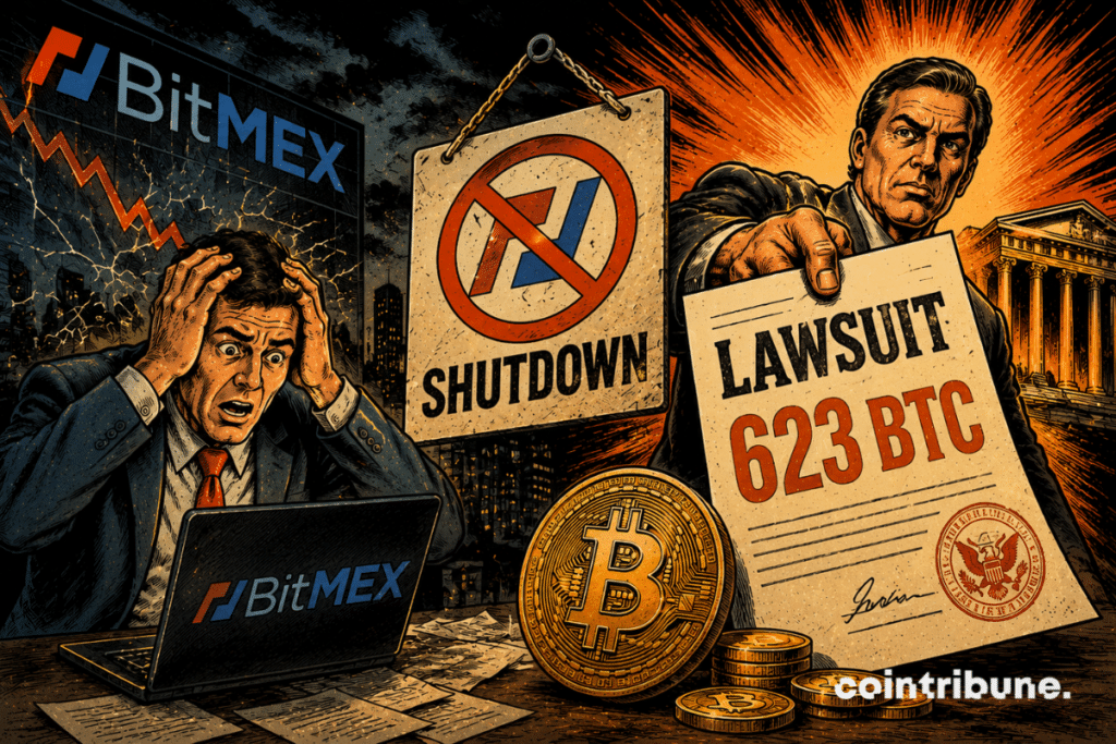 A retro comic-style illustration showing BitMEX facing a major lawsuit, just as the Bitcoin platform announces its closure.